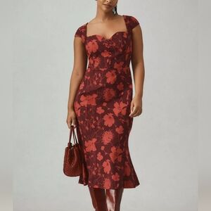 Anthropologie The Cecily Fit & Flare Sweetheart Dress, Dark Red Floral, Size 2X